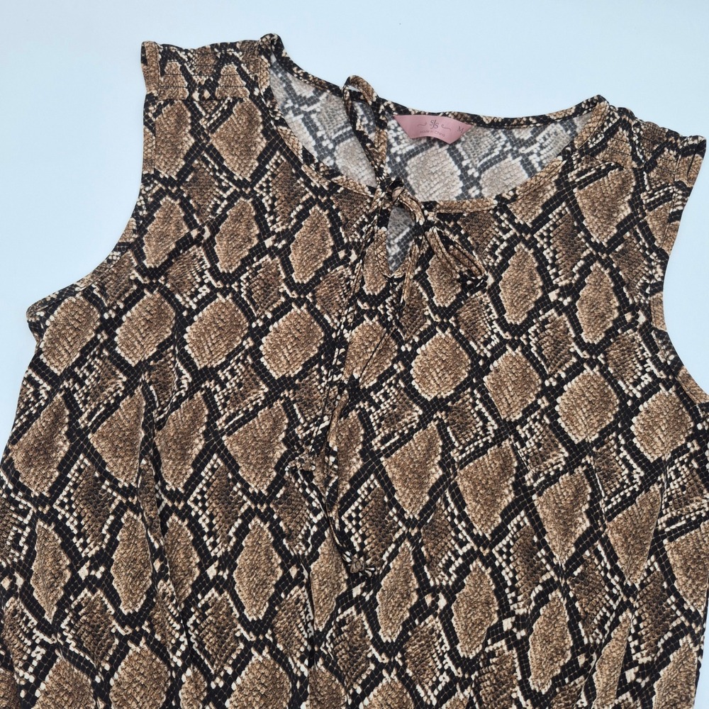 SJS Brown Snakeskin Print Sleeveless Blouse Smocked Hem Tie Neck Top Size M